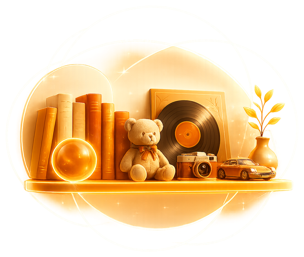 A glowing shelf with books, a teddy bear, a vinyl record, a camera and a toy car